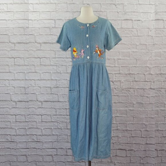 Vintage 90s Disney Embroidered Winnie The Pooh Tigger Piglet Denim Midi Dress - Picture 1 of 9